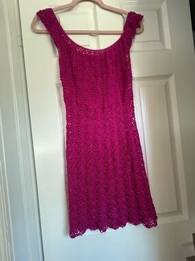 Fuchsia hand Crochet Knit Sleeveless Dress